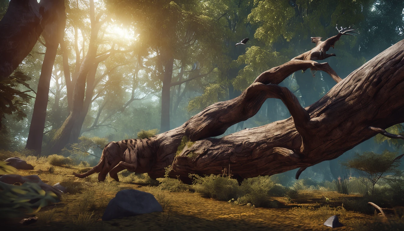 fallen trees in the forest and animals, best quality master piece, ultrarealista