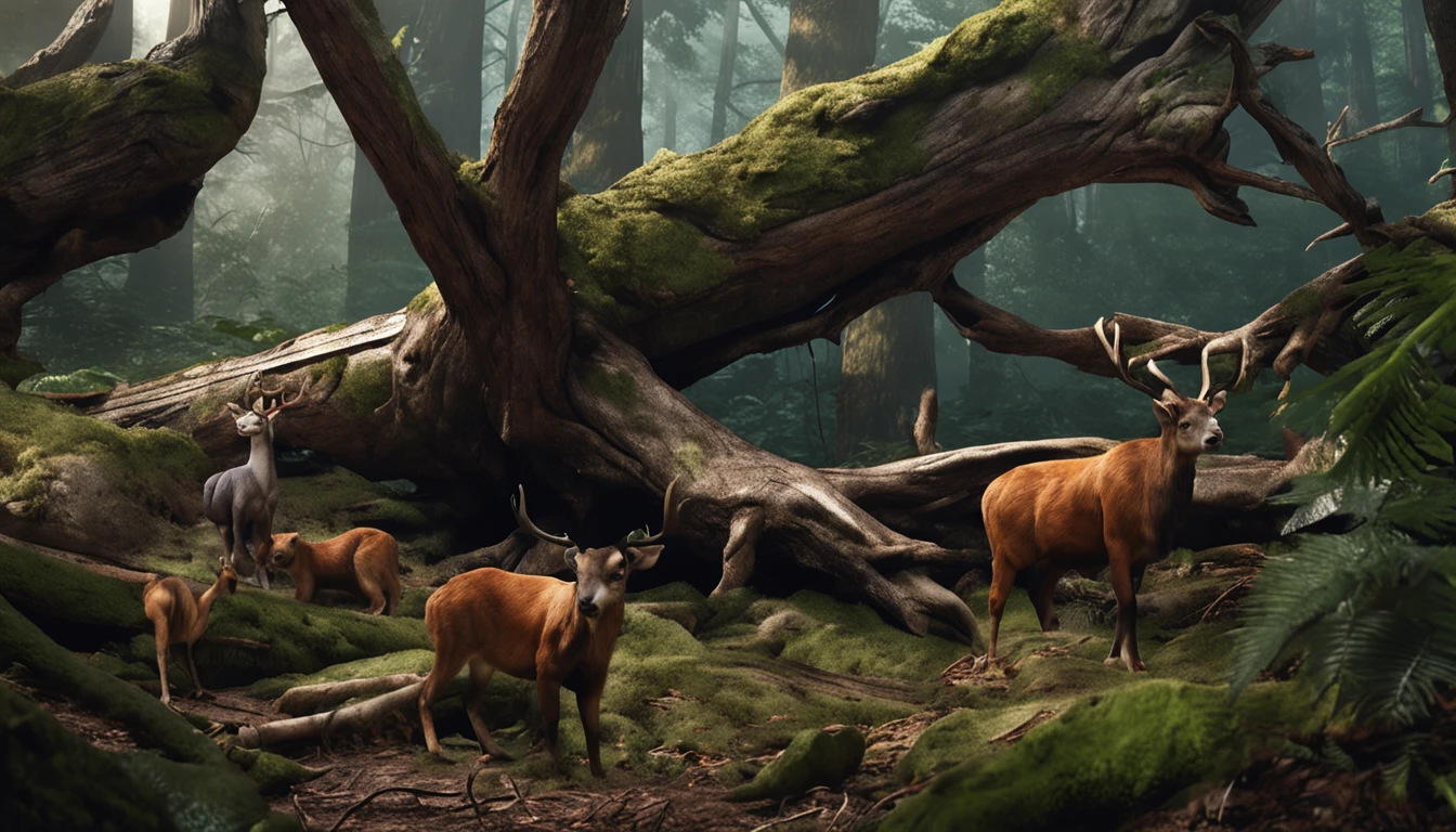 fallen trees in the forest and animals, best quality master piece, ultrarealista