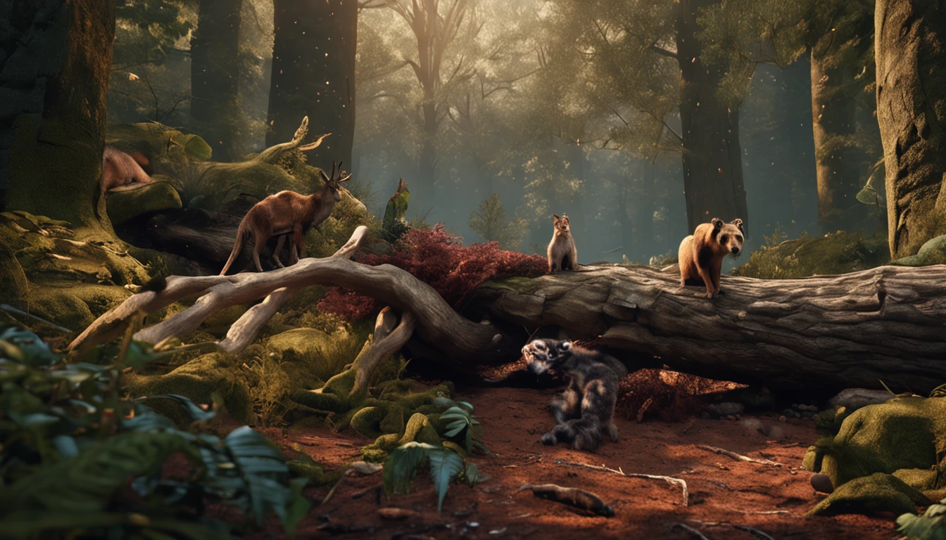 fallen trees in the forest and animals, best quality master piece, ultrarealista