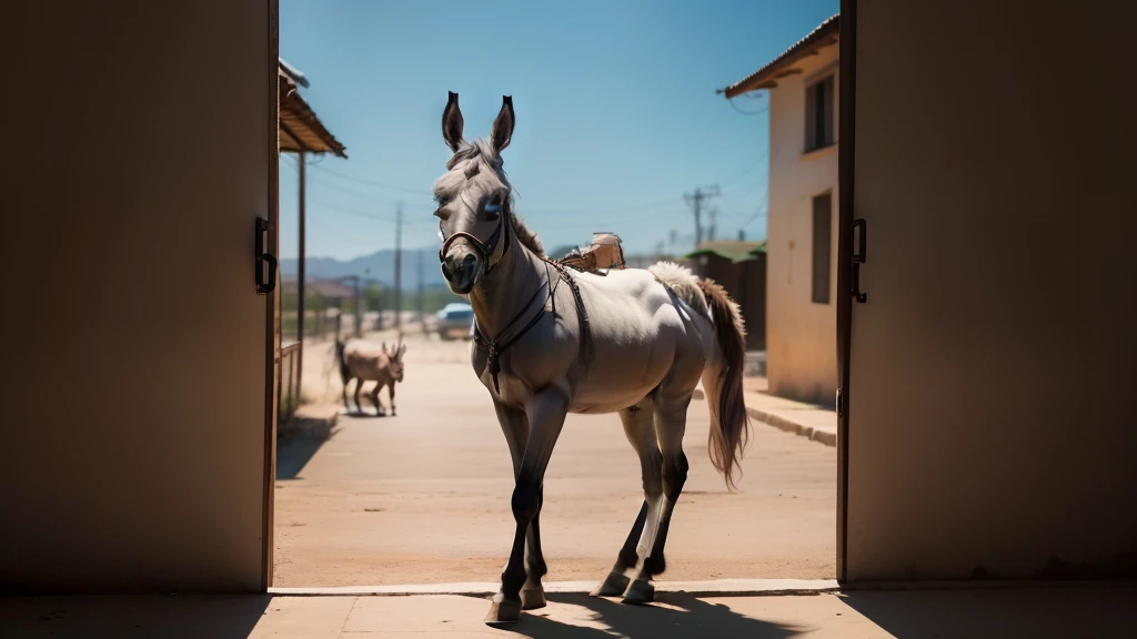 Photo of a donkey standing. o burro tem cor cinza. He's watching the place.