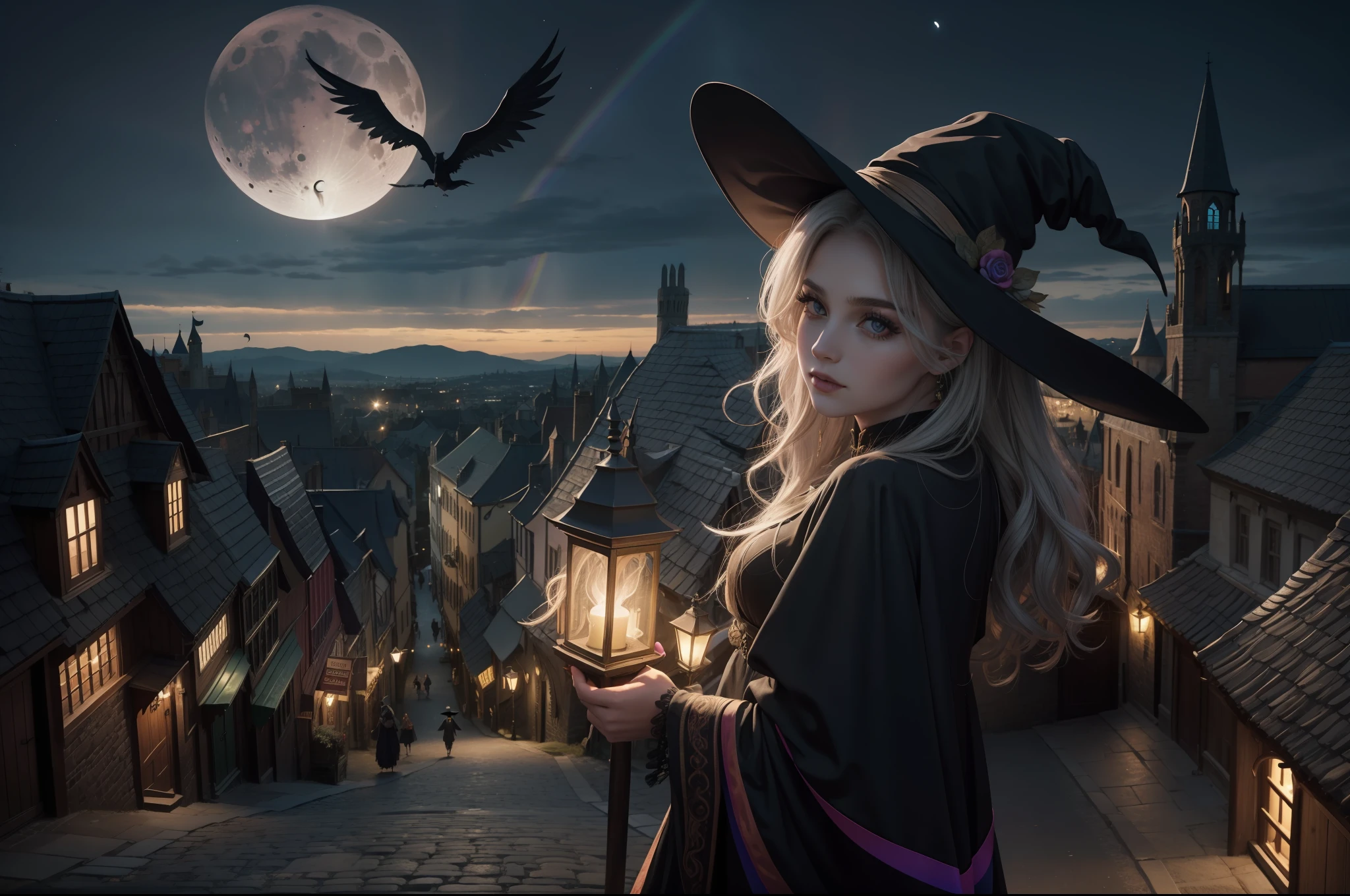 A witch flying over a Medieval town in a broom. She wears a ponty hat, multilayered dress in dark colors, wavy messy rainbow hair, gothic make-up. Crescent moon night, medieval town as background. Illuminated by moonlight and lamps in the town.