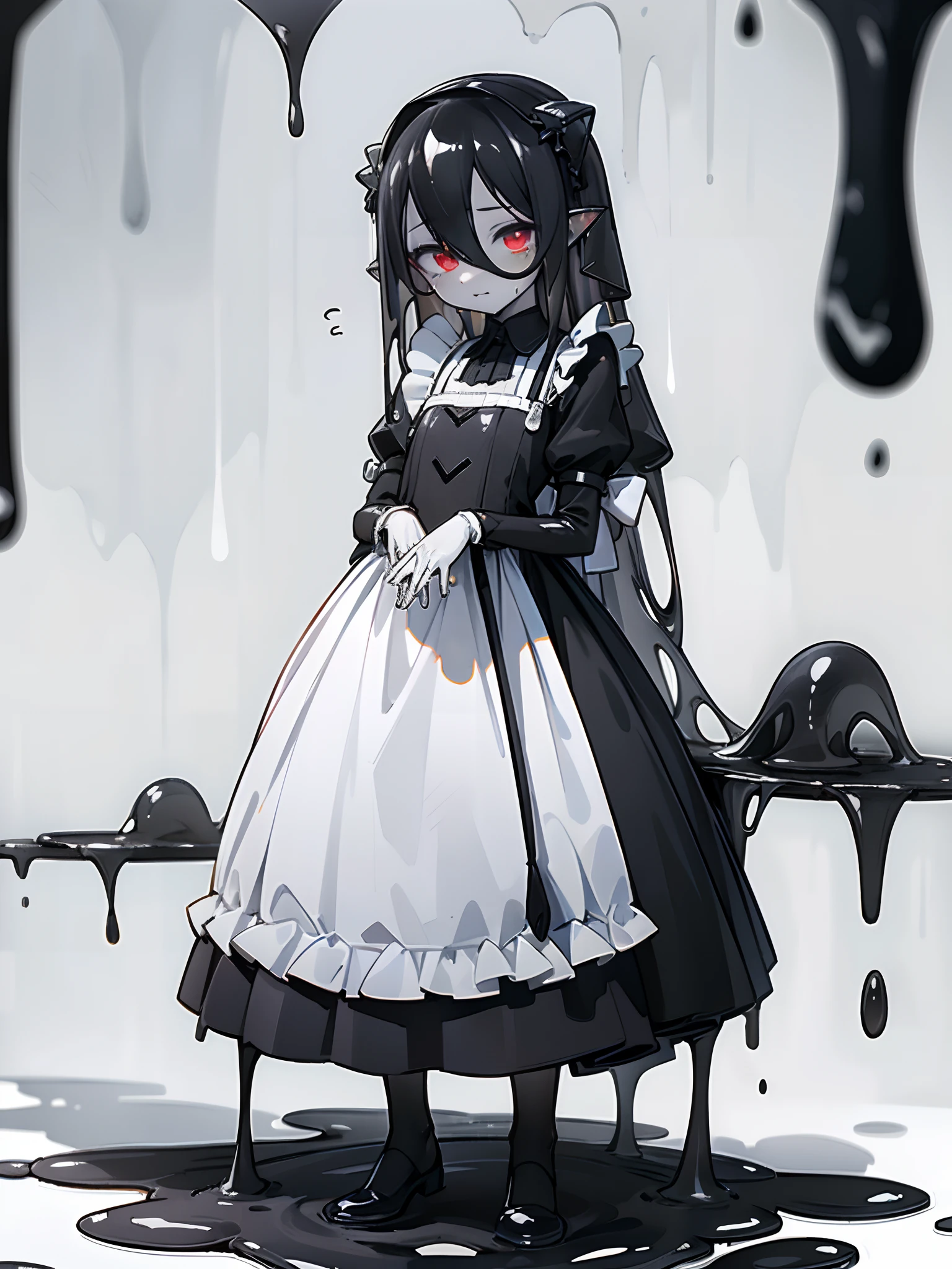 full body view, best quality, detailed drawn hands, realistic fingers), (masterpiece, sidelighting, finely detailed beautiful eyes: 1.2), ((Best quality)), ((masterpiece)), (highly detailed:1.3), anime, slime is dripping from girl's body, background is visible through girl's transparent upper body, translucent goo, transparent slime, standing, (white face color, covered in white goo), black stains on body, dripping black goo, covered in black|white goo, young girl, **** slime girl, messy, (half black and half white slime), small chest, head covered in black goo, extremely long hair, red eyes, hair between eyes, merged with goo, melting, dripping with slime, ((wearing a maid costume)), half black body color, liquid body, white skin color, liquid hair, slime covered hair, black hair, blue highlights, melting into puddle, masterpiece, clean image, high res, HD, high quality,