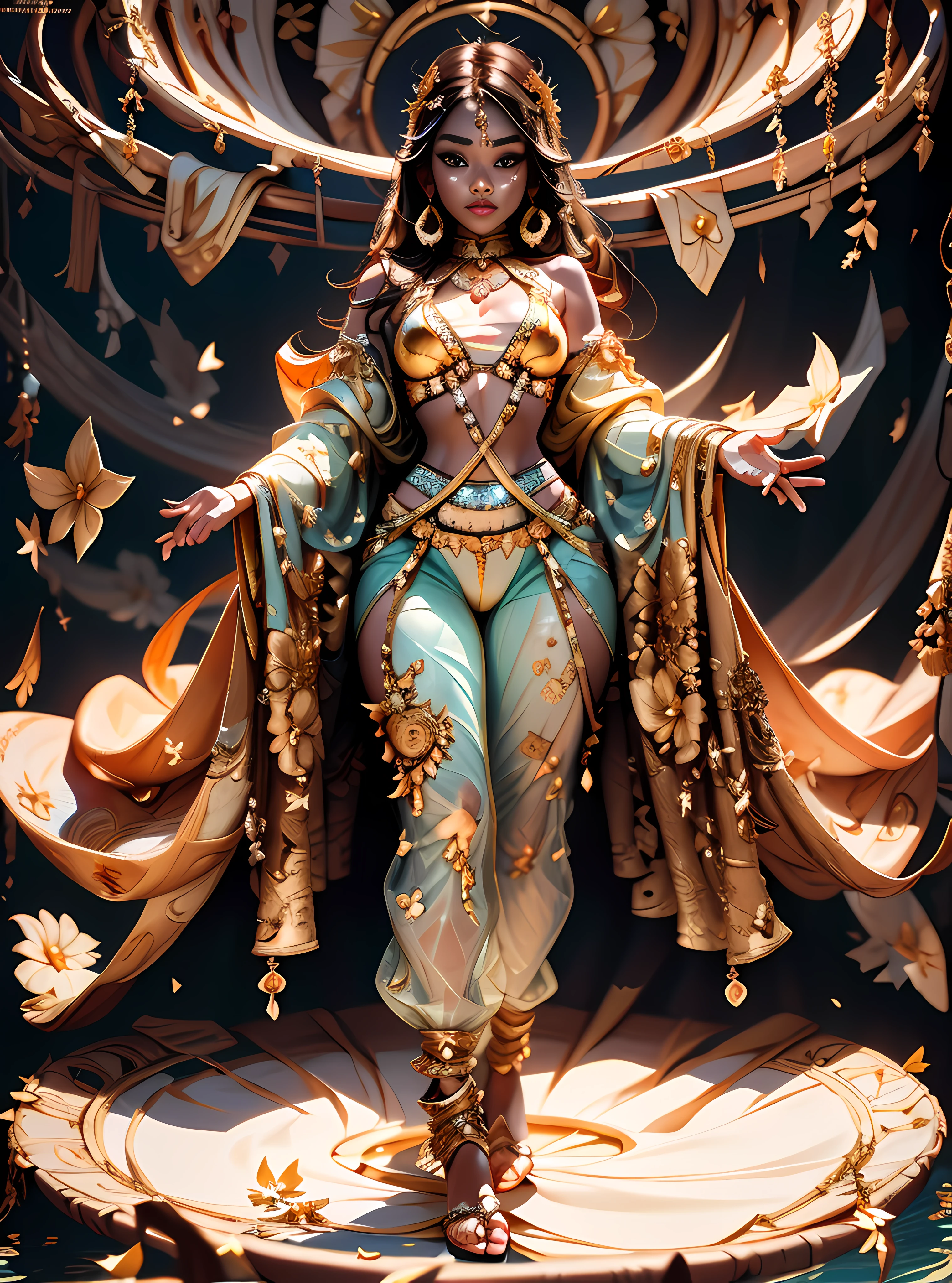 Masterpiece, highly creative digital CG work, a beautiful and proud human void goddess, supermodel, gorgeous clothes on gold patterns, full body white transparent bikini standing under the wild empty night stars, disappearing transparent pants, full body standing, tall, slender legs, extremely high face details, detailed body part details, leg root details, reasonable hand handling, 8k wallpaper