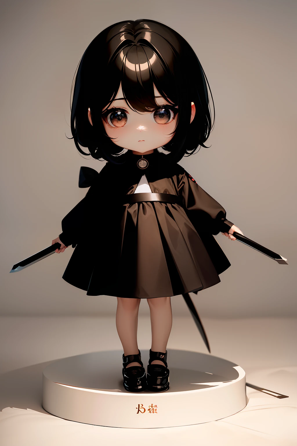 ((Best quality)), ((Masterpiece)),1 girl， animemanga girl，Q version characters，Infant body type，Very short in height，Black color hair，a black skirt，Holding a precious sword，Fierce expression