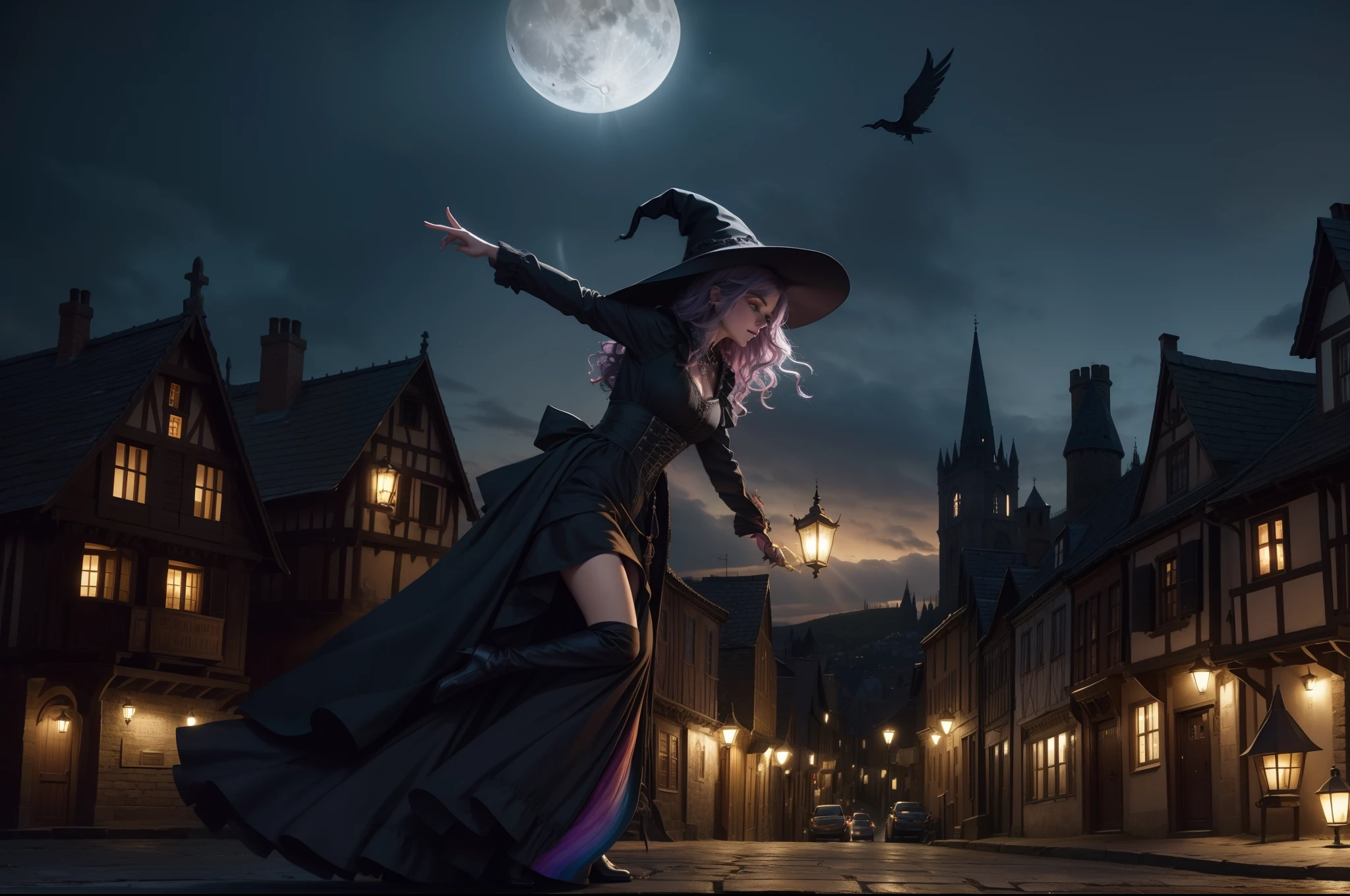 A witch flying over a Medieval town in a broomstick. She wears a ponty hat, multilayered dress in dark colors, wavy messy rainbow hair, gothic make-up. Full Moon night, medieval town as background. Illuminated by moonlight and lamps in the town.