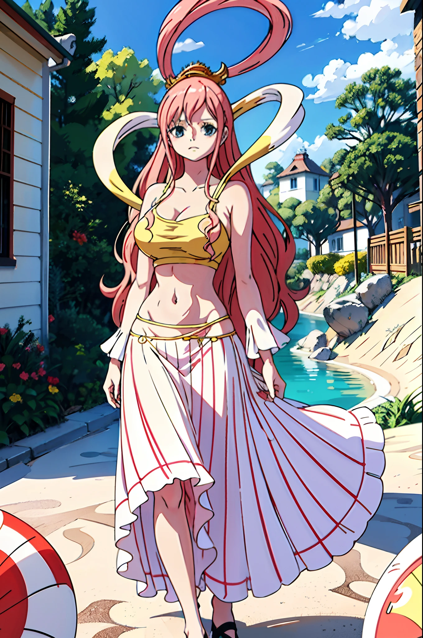 Shirahoshi),detailed face,, (masterpiece:1.2), highres, best quality, 8k,walking, long skirt, beach, portrait