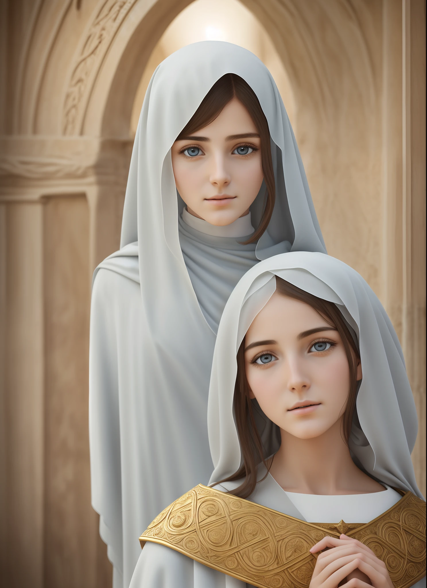 Mary of Nazareth with a serene expression talking in ancient israel house, Ethereal Art, perfect eye and detailed face and hair, simple mantle, robe, completed dressed body, ancient age, perfecteyes,1 girl, ,yuzu