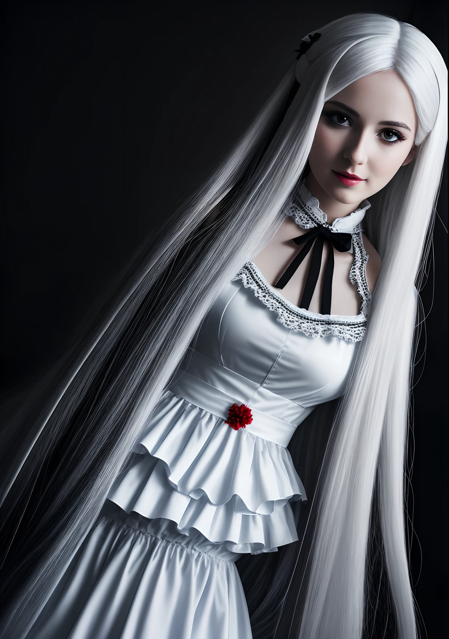 long  white hair，red pupils，Wearing a black and white maid outfit，25 age old，a mature female，Beautiful looks