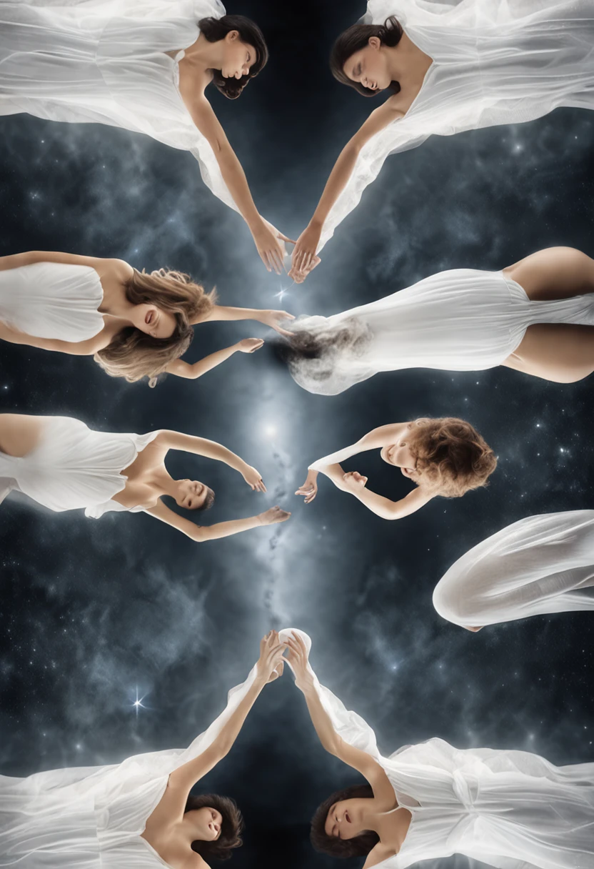 It's two women lying on the floor with their legs up, astral projection, floating ghost, out of body experience, drowned floating, quality astral projection rendering, floating bodies, Death dreaming of death, enigmatic!!, she's floating in the air, Astral Travel, sleep paralysis, Spirits covered in curtains, Awakening initiated lucid dreaming, wrapped in ghosts, ultra realistic, high detail, high contrast, intricate, epic, cinematic, 8k, 3d.