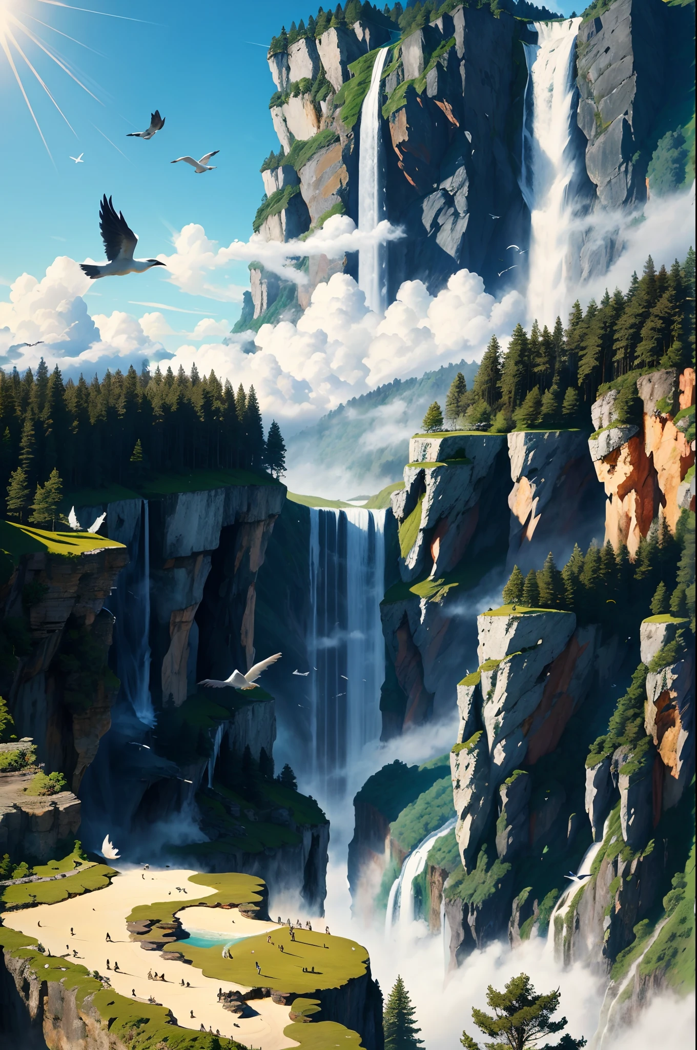 Flying on the cliff, above the very high waterfall, look down on the fluctuating pond, high sunlight, blue sky, white cloud, birds, forest, trees, 8K, masterpiece, best quality, high resolution, extremely full detailed