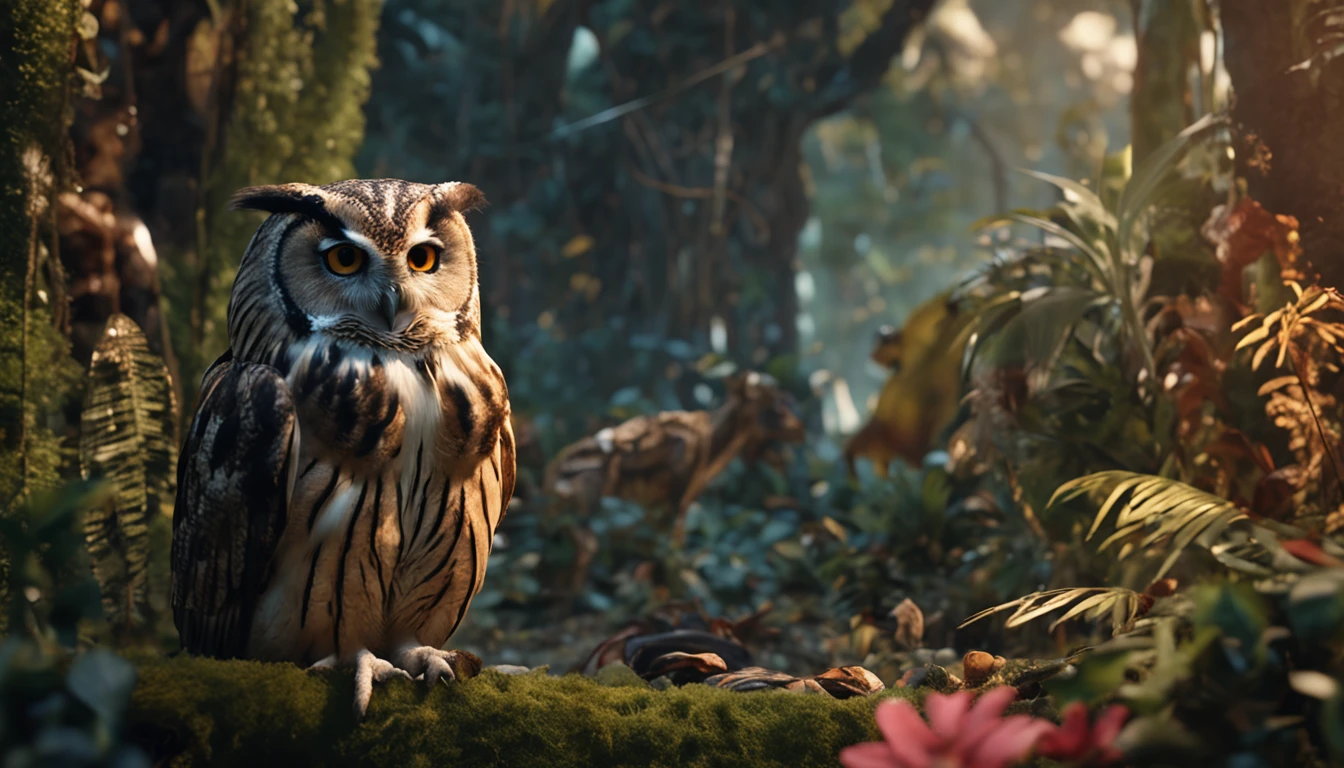 a serene owl surrounded by various animals in the destroyed jungle