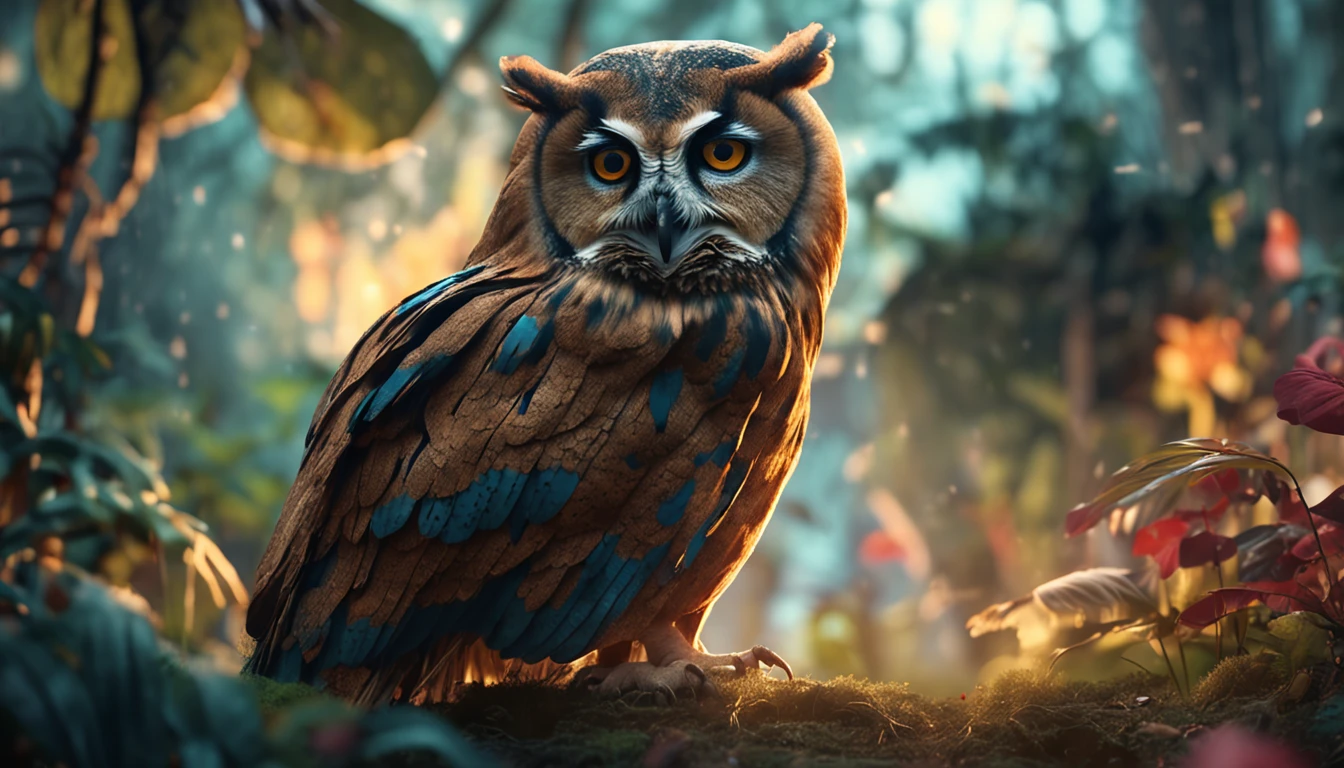 a serene owl surrounded by various animals in the destroyed jungle