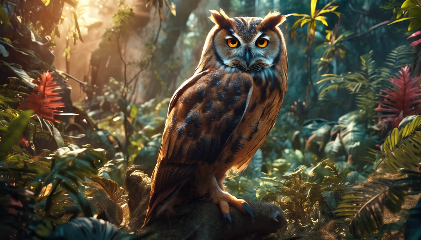 a serene owl surrounded by various animals in the destroyed jungle