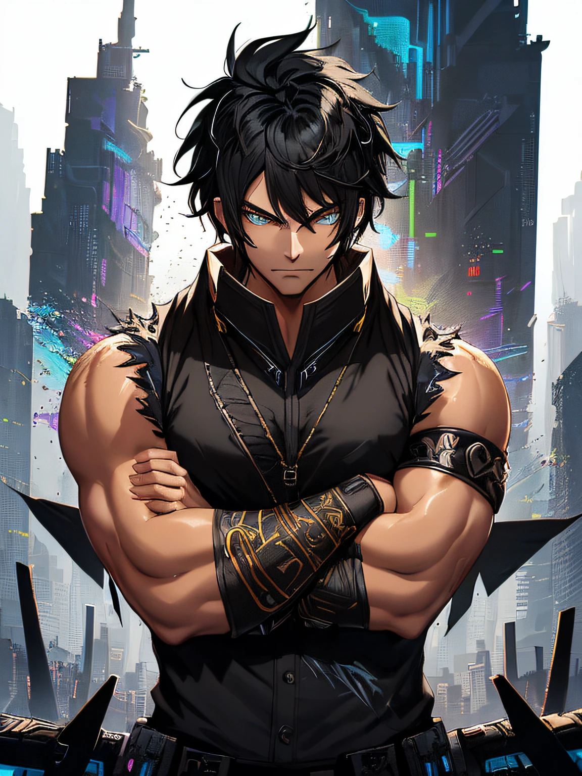 Cyberpunk male, fantasy world, dark background, clean design, epic instagram, artstation, colorful paint splatter, silhouette, hyper detailed intricate details, unreal engine, fantasy, intricate details, splash screen, complementary colors, Fantasy concept art, 8k resolution, deviantart masterpiece, oil painting, heavy strokes, paint dripping, (isolated on white background: 1.3), rainbow skin, (((handsome young man))), ((age:1.5) ), (young aesthetic great anatomy), (glowing blue eyes), ((light eyes)), ((((short jet black hair: 1.1))), ((black clothes)), (prince\\(indifferent expression\\),, ( ((Wears sleeveless shirt showing off his very muscular arms))), white hair, (chest) --v 6