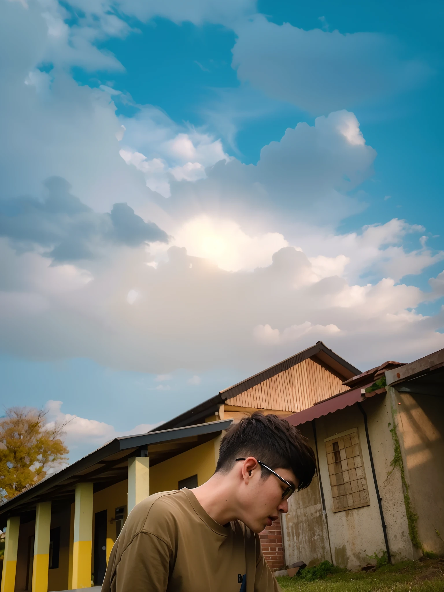 there is a man that is looking at his cell phone, very low angle photograph, low angle photo, with dramatic sky, sun behind him, photo taken with canon 5d, photo taken with sony a7r, with vibrant sky, looking at the sky, taken with canon eos 5 d mark iv, shot on nikon z9, low angle shot, low angle perspective