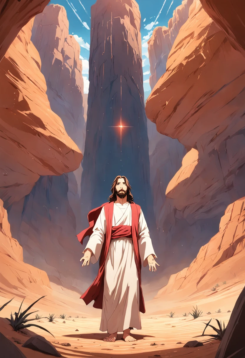 JESUS COVERSANDO COM ANJOS EM UM DESERTO COM MONTANHAS