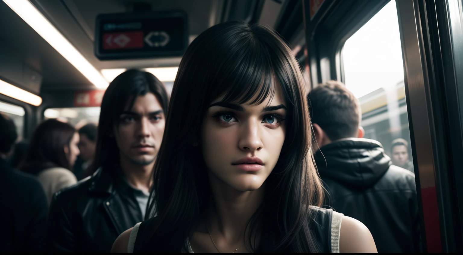 35mmstyle:1) (realistic, photorealistic: 1.37) artstyle close-up portrait photo Film still of a cyberpunk Woman (((Sofia Boutella))) from the year 2123 inside a crowded train, the people in the background out of focus, Cool, Saturated, Purple, Mystery, Science Fiction, 35mm, vintage film still, soft lighting, cinematic (((cinematic lighting))) sharp focus, depth of field, f/1. 8, 35mm, medium shot, mid shot, (centered image composition), (professionally color graded), ((bright soft diffused light)), volumetric fog, trending on Instagram, trending on Tumblr, hdr 4k, 8k