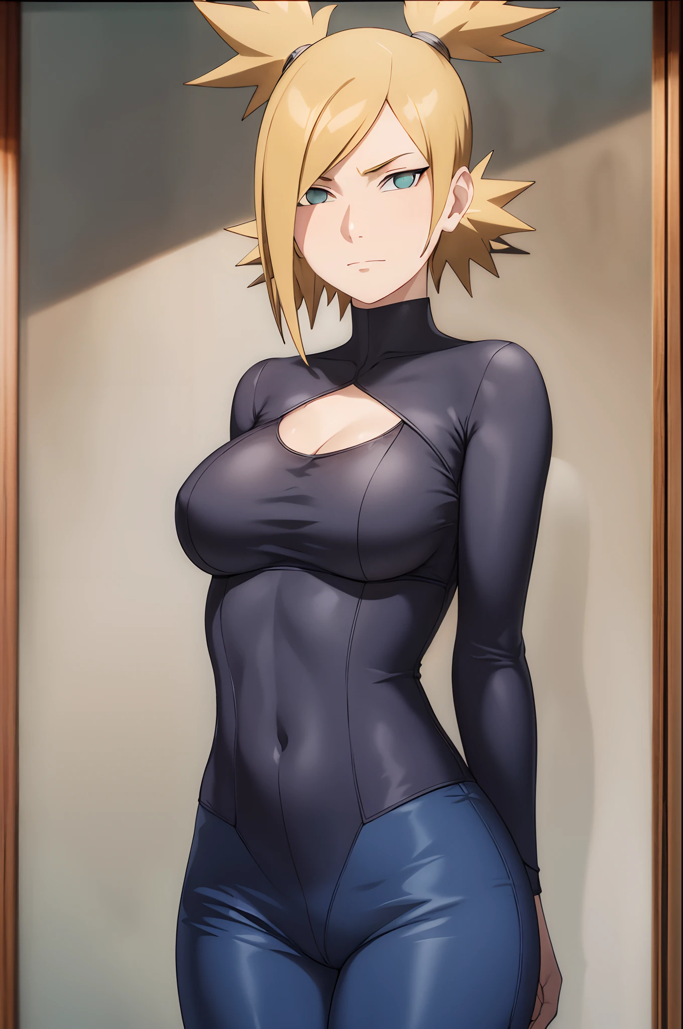 Meisterwerk , (Komplizierte Details), (bunt),Filmische Beleuchtung,bust shot,extrem detailliertes CG Unity 8k Wallpaper,Lehrplan\(Boruto\), 1girls, mid large breasts, reifes Weibchen,geschlossene Augen, , stehend, Armstütze, upper body,bra,skinny jeans, Spaltung, drinnen, Fenster, Sonnenlicht, show ,show breasts,half body,arms behind back,weiter Ausschnitt,