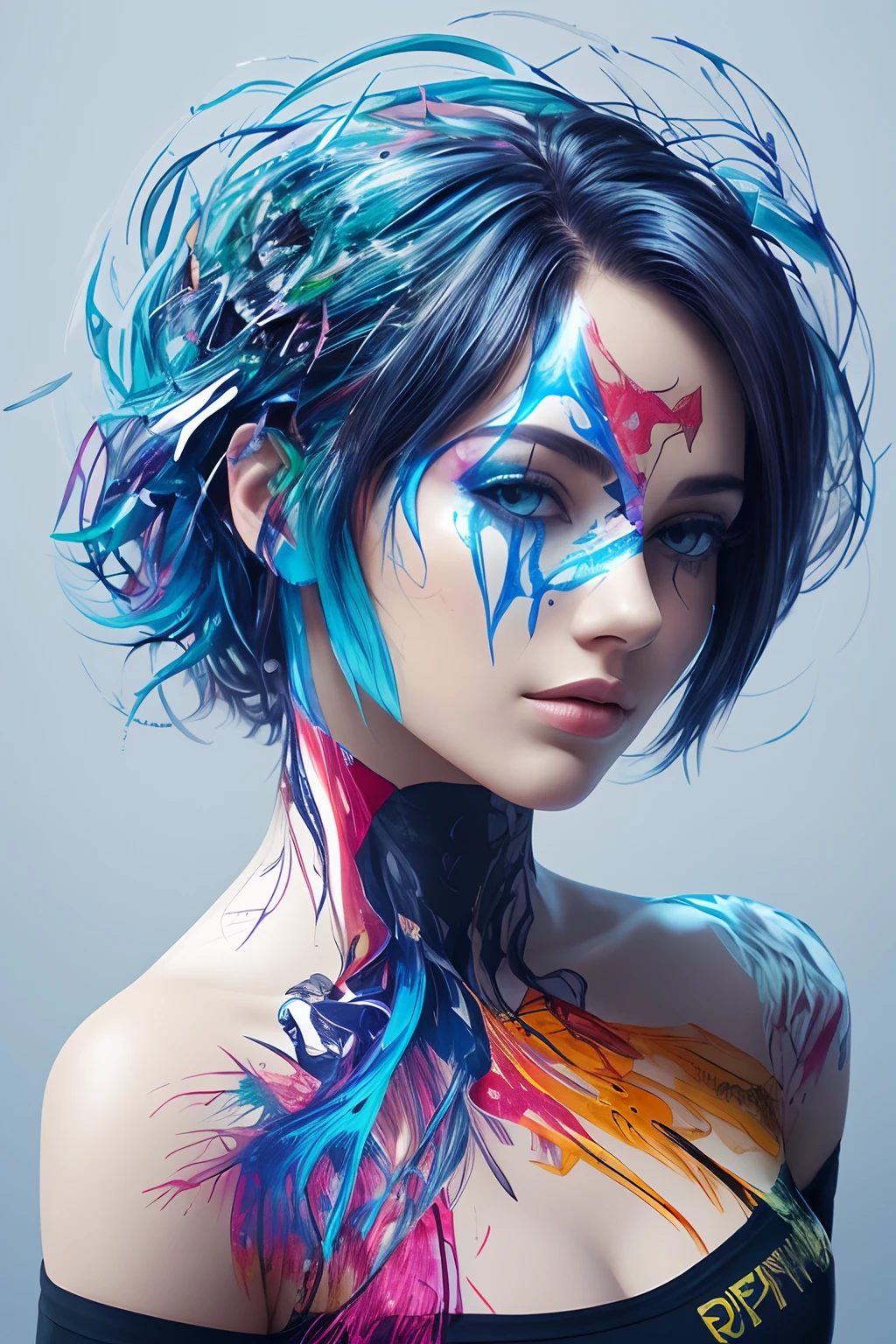 ready-to-print vector t-shirt art graffiti illustration of a Cyber punk  robot colored：  blue messy steel head, oil painted, perfect face, perfect face, intricate image, shades of blue，light red color added, 8K resolution，A ArtStation digital painting, it is smooth and very flowing black ink：photorealistic masterpiece：intricately detailed fluid gouache painting：Written by Brunna Mancuso：calligraphy：propylene：watercolor art，Professional photographed，natural lighting，Minimalistic volumetric lighting photo illustration ：Written by Marton Bobzert： intricate，Ellegance，Sprawling，magical dream，Hair on fire，full of life, 3d illustration, Adobe illustration, artwork centered, scratch paint design, planet splash, white background