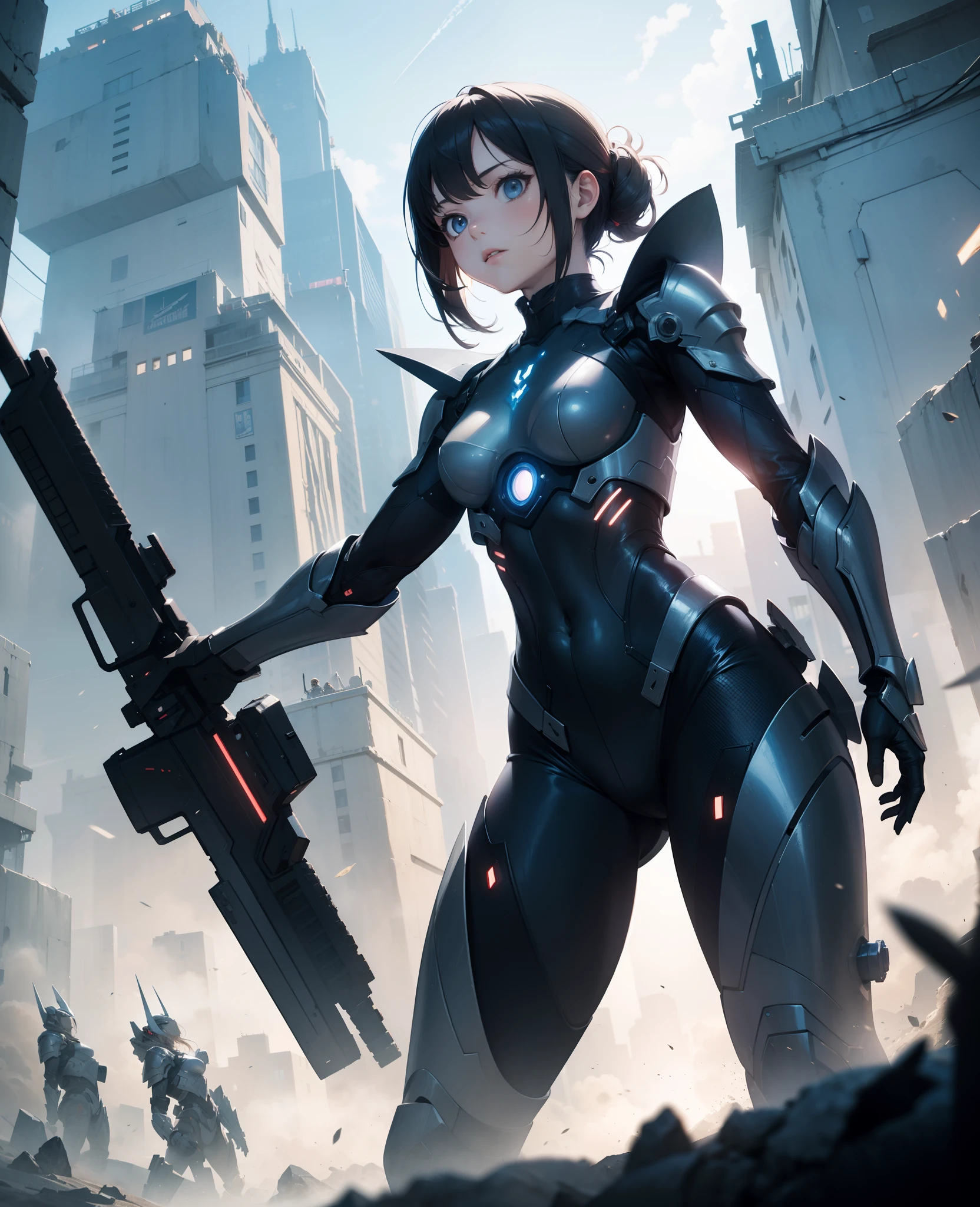 masterpiece, best quality, absurdres, novel illustration, 1girl, young, armor suit, cinematic composition, cinematic angle, sci-fi, (dynamic pose:1.2)