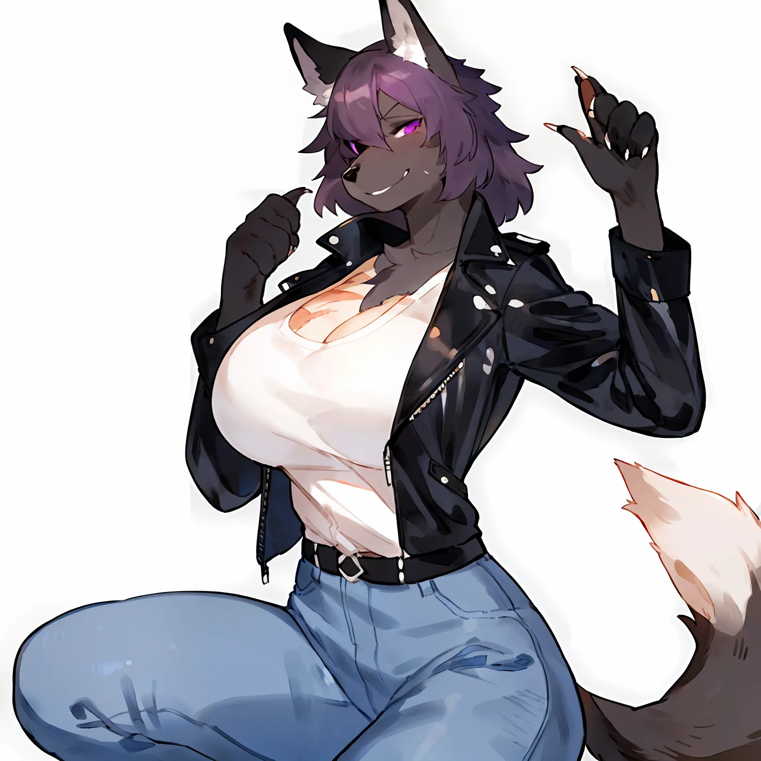 grey-purple hair, red eyes, cowgirl, wearing a torn sweater and torn jeans, crying, skin becomes white and furry like cow skin, cow tail torn jeans, naked, black spots