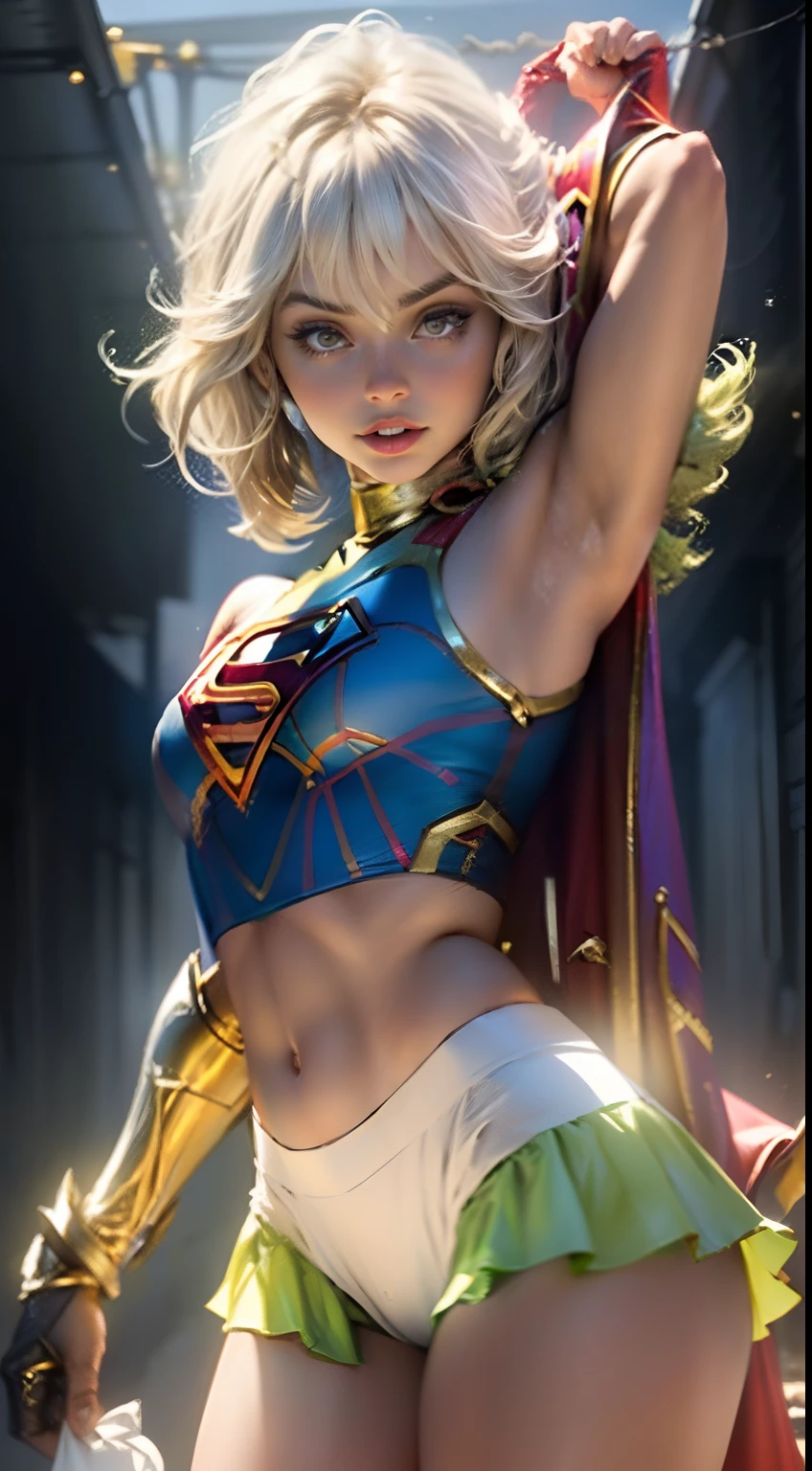 "((best quality,best ilumination)), Cute model with short hair and athletic body, (((vestindo COSPLAY DE SUPERGIRL))), seios acentuados e destacados, dynamic pose, fundo colorido, high saturation, luzes vibrantes." ((camelo)) ((pernas abertas))