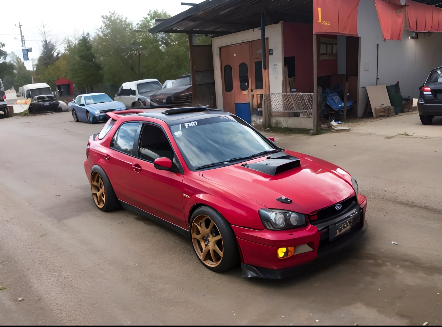 arafed red car parked in a lot with other cars in the background, subaru, wrx golf, tunning, very sad c 12.0, bara, full car, gtr xu1, mechanic, wide body, alterd carbon, tuning, some glints and specs, 1/4 profile, rally car, cleaned up