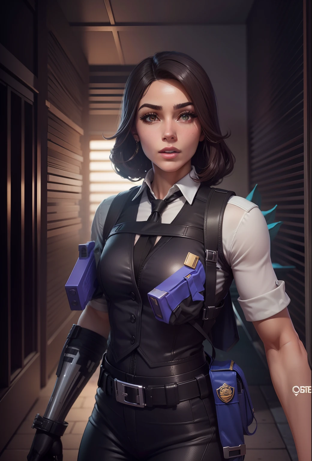 uma mulher, agente secreta, terno feminino justo, coldre com armas, detalhes de ouro e preto, moneta, fortnite, sexy, beutiful, best quality, 8k, detailed