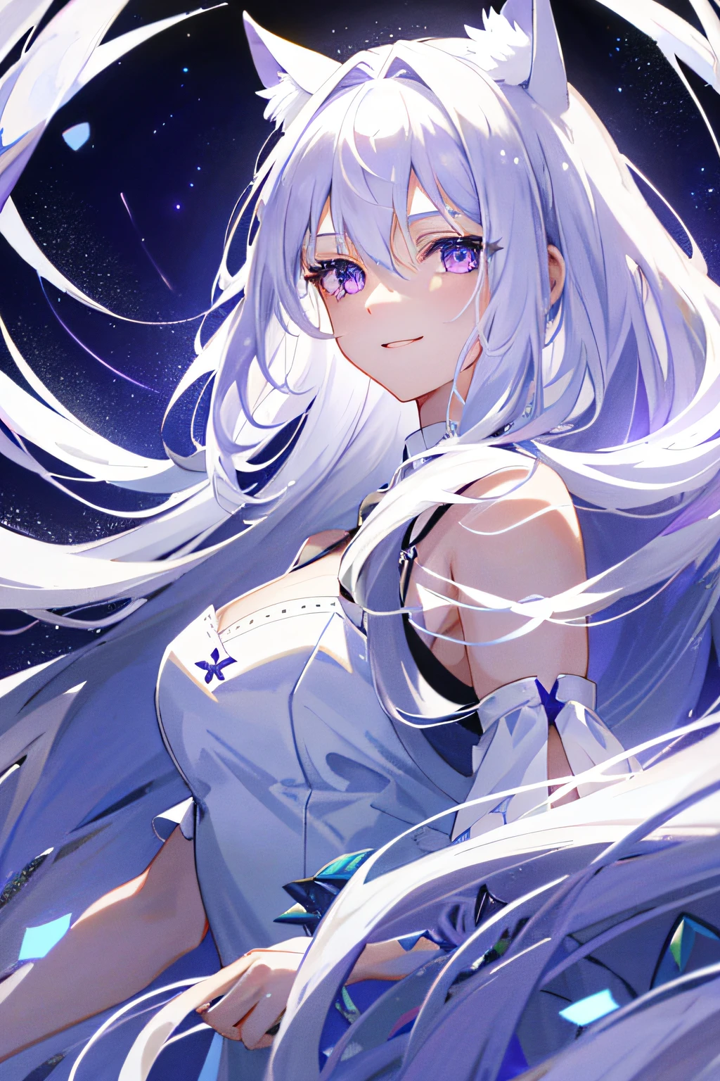 1 girl with white hair, Long hair, dress, White dress, Night sky, starrysky, Purple eye, cat ear, Very long hair, Purple dress, Smile, dual horsetail, White hair, Delicate facial features，Cinematic lighting effects，（ultra - detailed，blooms，with light glowing：1.4），(Masterpiece), (Best quality),Medium-sized breasts