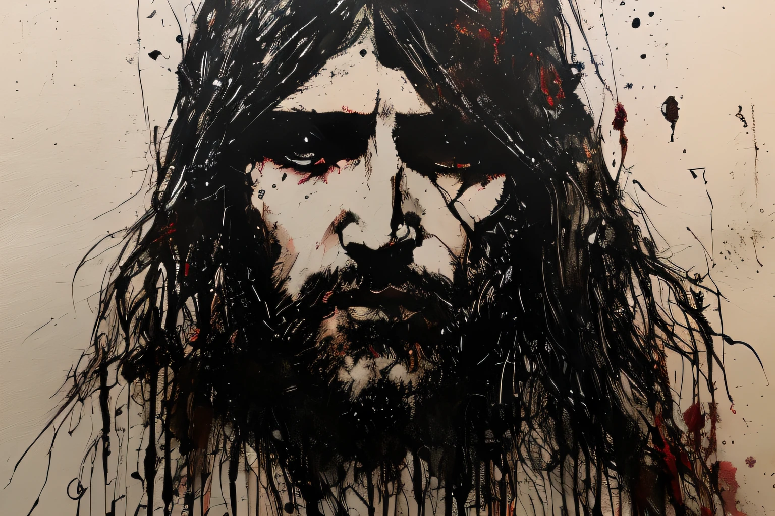 Painting of a man with long hair and a beard with blood on it, Jesus, Jesus Antlitz, Portrait of Jesus Christ, Jesus von Nazareth, inspiriert von Guy Denning, Jesus Christus, Cyberpunk Jesus Christus, Meisterwerk Kunstwerk, von Guy Denning, christlich, von Adam St. Peter's, von Jakub Różalski