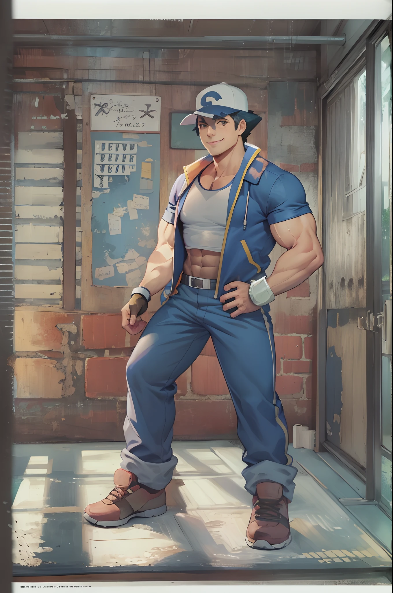 (masterpiece, best quality:1.2), Muscular body, imposing body,Imposing appearance, muscular arms, muscular legs, only body, trapezoid torso, sturdy body, muscular body, defined round and fleshy pecs, defined washboard ABS, defined arms, cowboy shot, solo, 1boy, pokemonketchum, smile, looking at viewer, hand on hip, baseball cap, blue jacket, sleeveless jacket, shirt, short sleeves, pants, fingerless gloves