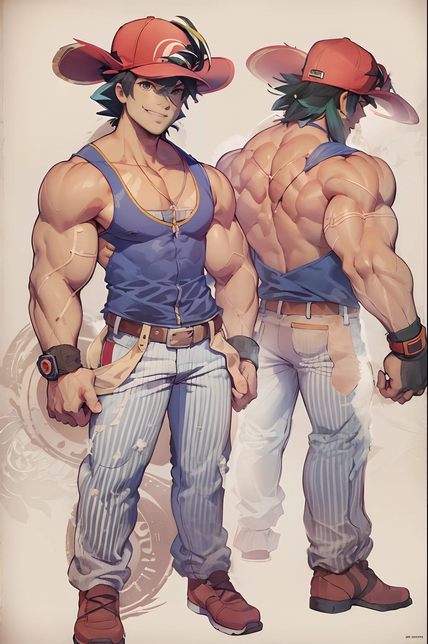 (masterpiece, best quality:1.2), Muscular body, imposing body,Imposing appearance, muscular arms, muscular legs, only body, trapezoid torso, sturdy body, muscular body, defined round and fleshy pecs, defined washboard ABS, defined arms, cowboy shot, solo, 1boy, pokemonketchum, smile, looking at viewer, hand on hip, baseball cap, blue jacket, sleeveless jacket, shirt, short sleeves, pants, fingerless gloves