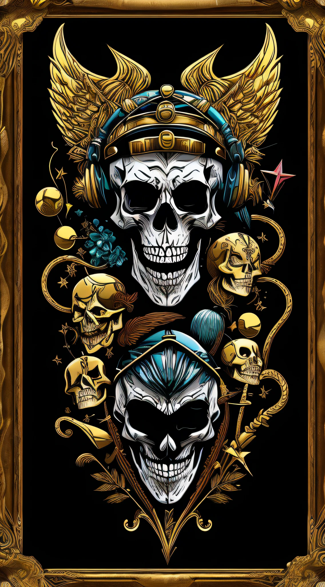 aviator, A mixture of clown and skeleton, Mexican décor, lucifer, Vector Flat, a gold, black, Aaron Horkey, extra high resolution, hiquality, (Volumetric effect)+++, (Image parallax effect)++
