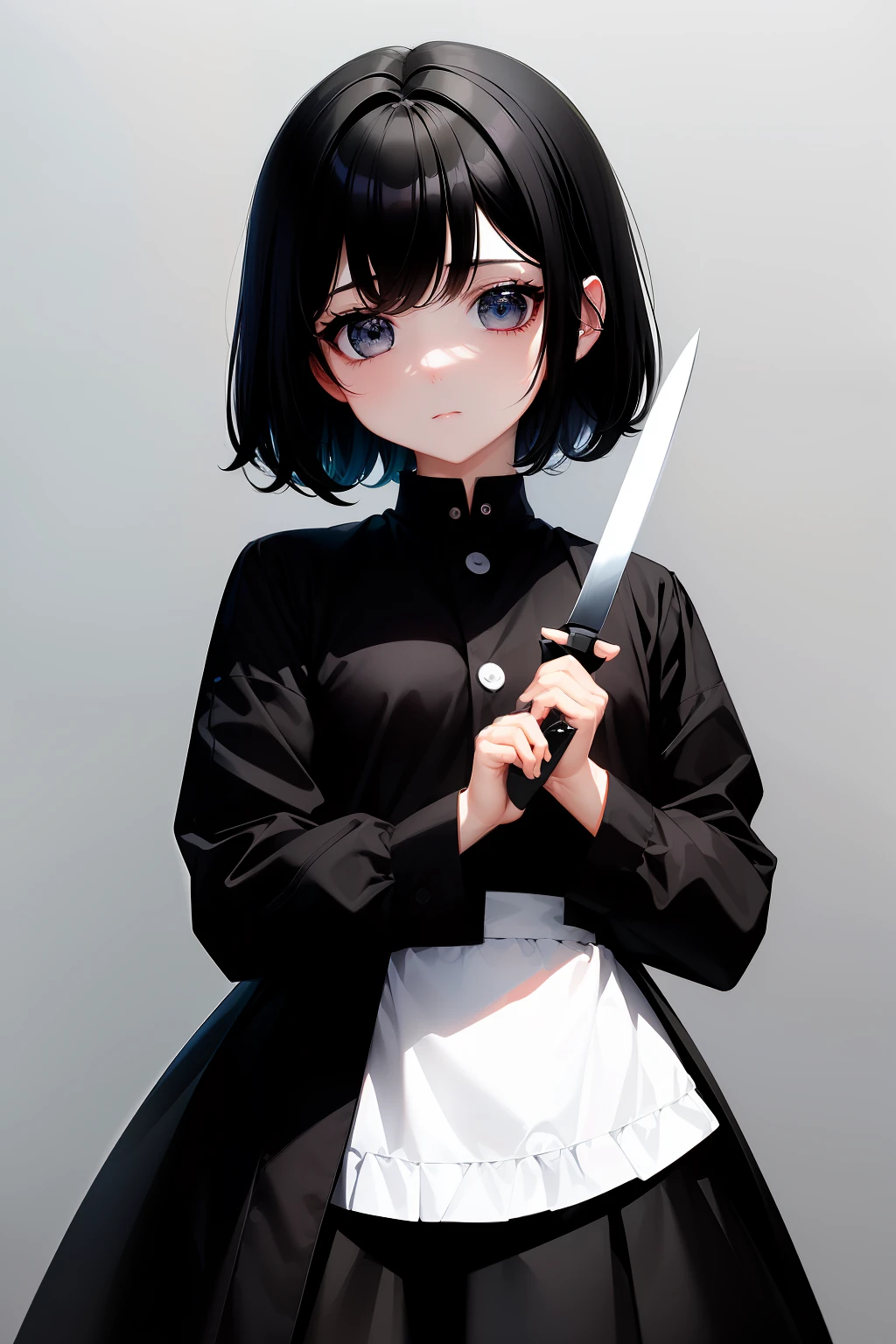 ((Best quality)), ((Masterpiece)),1 girl， animemanga girl，Q version characters，In body type，Very short in height，Black color hair，a black skirt，With a long knife，Fierce expression