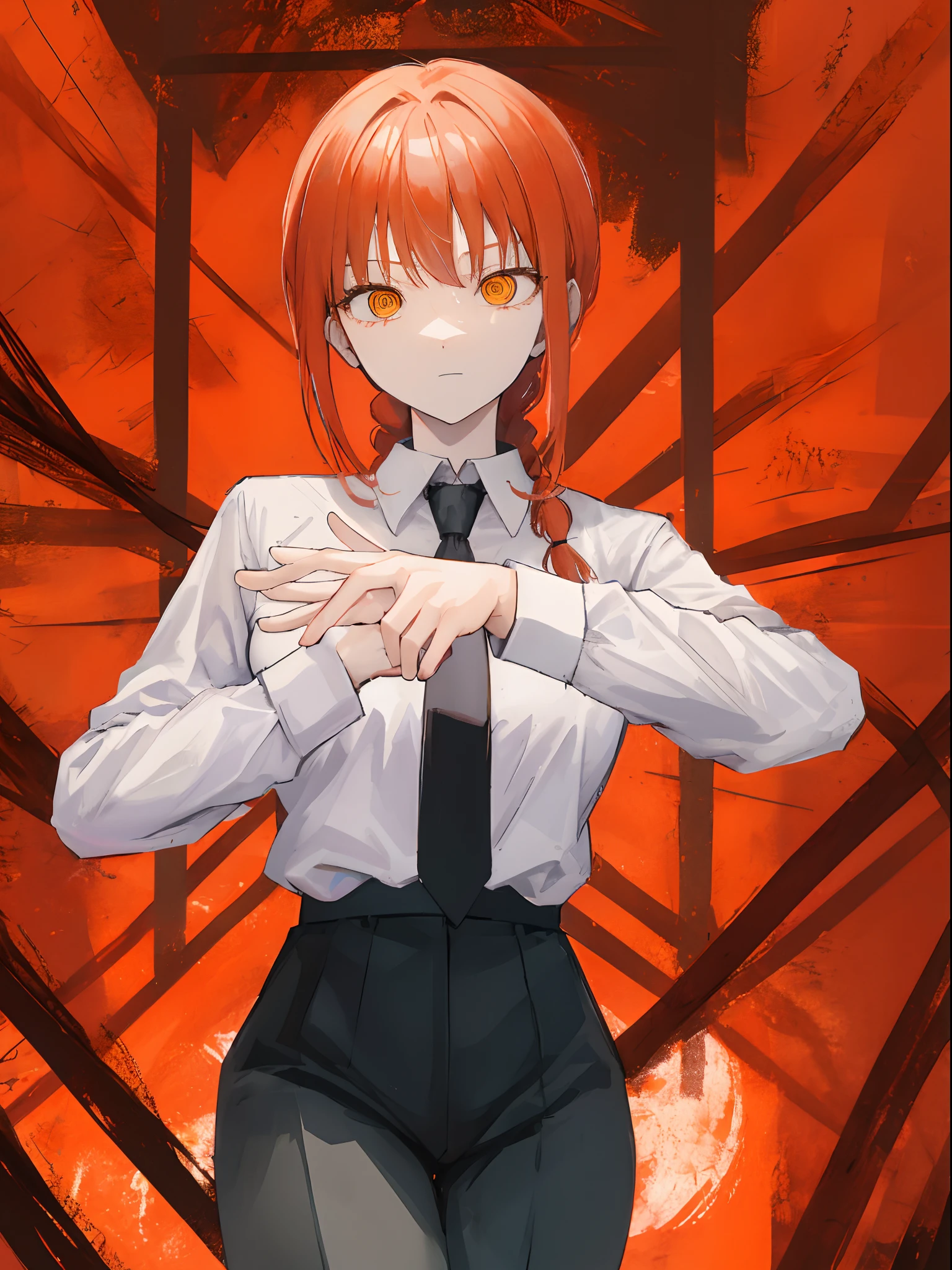 makima \(chainsaw man\), best quality, ultra detailed, 1girl, solo, standing, red hair, long braided hair, golden eyes, bangs, medium breasts, white shirt, necktie, stare, smile, (evil:1.2), looking at viewer, (interview:1.3), (dark background, chains:1.3)