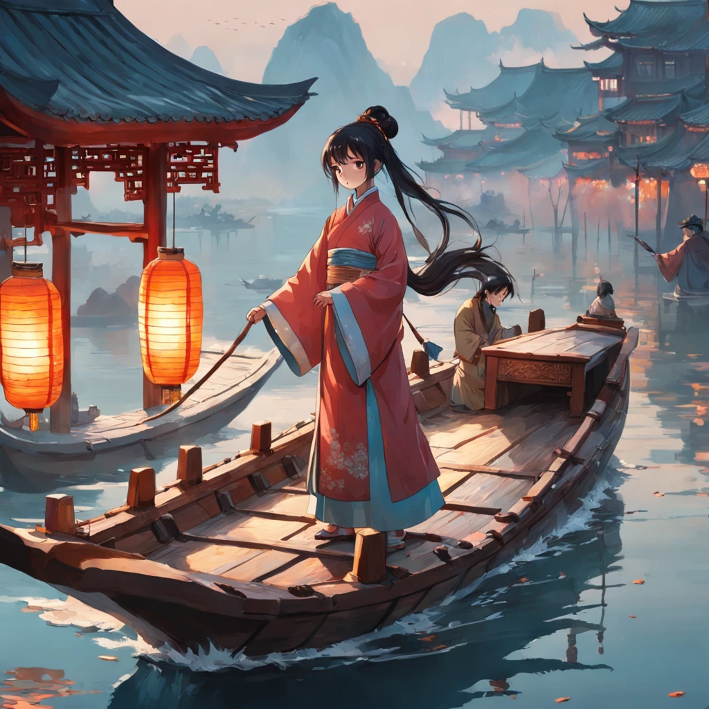 8K, best quality, masterpiece, panorama，In ancient China, in the southern part of the Yangtze River, on a Wupeng boat, a beautiful woman in Hanfu stood at the bow of the boat, holding a lantern in her hand. On the right stern of the boat stood an old man in a coir raincoat, rowing with wood pulp.