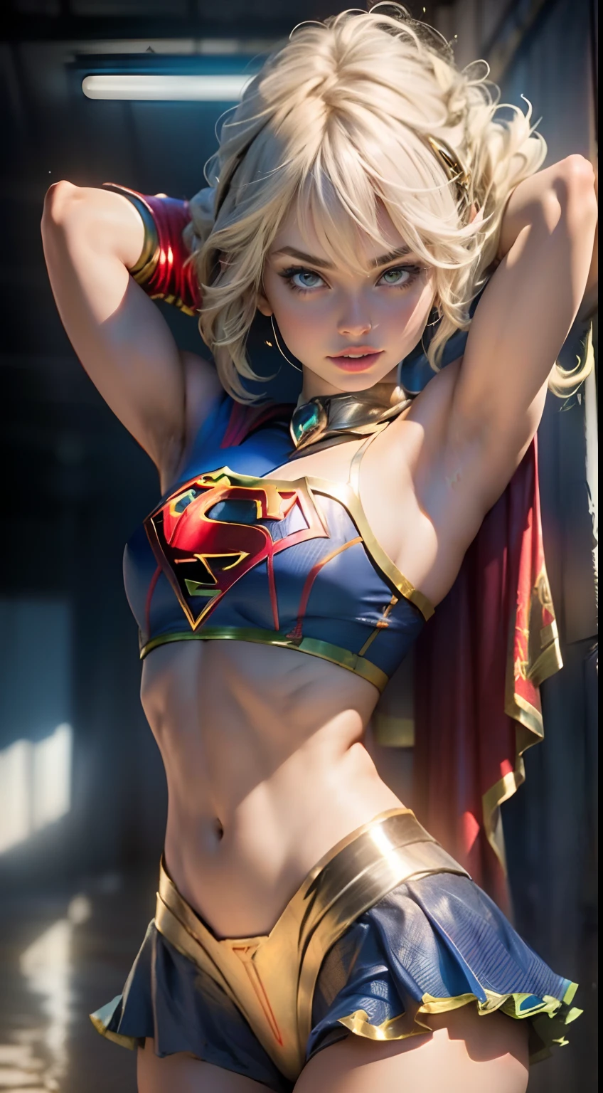 "((best quality,best ilumination)), Cute model with short hair and athletic body, (((vestindo COSPLAY DE SUPERGIRL))), seios acentuados e destacados, dynamic pose, fundo colorido, high saturation, luzes vibrantes." ((camelo)) ((pernas abertas))