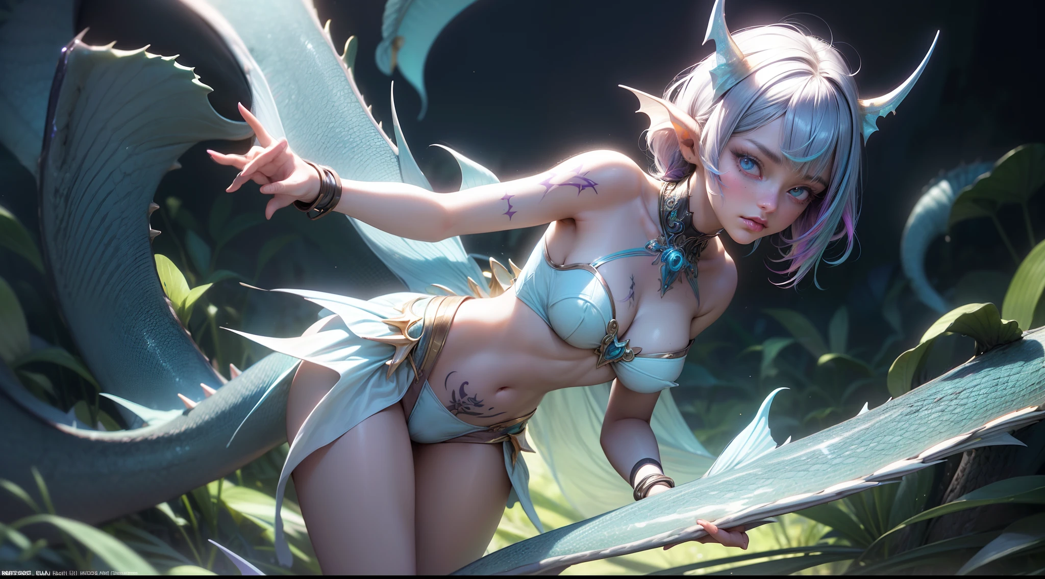 aqua {amphibia|fish|shark|reptile} girl, 1girl, perfect and well designed glowing shiny eyes, (beautiful detailed eyes:1.05), natural breasts, slim body, beautiful and delicate face, (face detail), ((realistic face)), pores, ((pale blue skin)), detailed skin, realistic skin, (((bioluminescence))), (((white-skinned))), ((shiny skin)), ((glowing speckles on skin)), (pointy ears), (fins:1.7), (spikes:1.5), (multicolored gradation skin), ((((blue scales body)))), human face, ((monster girl)), medium length hair, hair voluminous, (((((multicolored gradation hair))))), super high resolution, 8k, parameters Best quality, (masterpiece:1.4), (magic accessories:1.4), bracelets, extremely detailed thick tight nylon|lycra|latex|vynil colorful (green, purple:1.3) beach outfit, (microskirt:1.3), (standing nipples under cloth:1.15), (cameltoe:1.2), (ornaments on clothing), (neckline:1.3), (cleavage), decolette, navel, Young Girl, Little Beast, (Smile:0.7), (pale Blue Skin:1.8), ((tattoos all over body, Tribal tattoos all over legs)), ultra detailed, photorealistic, ((Real image)), (best quality:1.4), super high resolution, (Realistic 2.0), More details, (((1girl))), (on beach), (sunlight, sun day:1.3), (beautiful and aesthetic:1.2), (fractal art:1.4), (cinematic light:1.1), DUTCH ANGLE, 16K, HDR, RTX, Ray Tracing, Radiosity, Anisotropic Filtering, Subsurface Scattering, (((magic lights))), metallic reflections, Detailed, Realistic, 4k highly detailed digital art, (cool_color), extremely detailed CG unity 8k wallpaper, vibrant colors, (((seductive pose)))