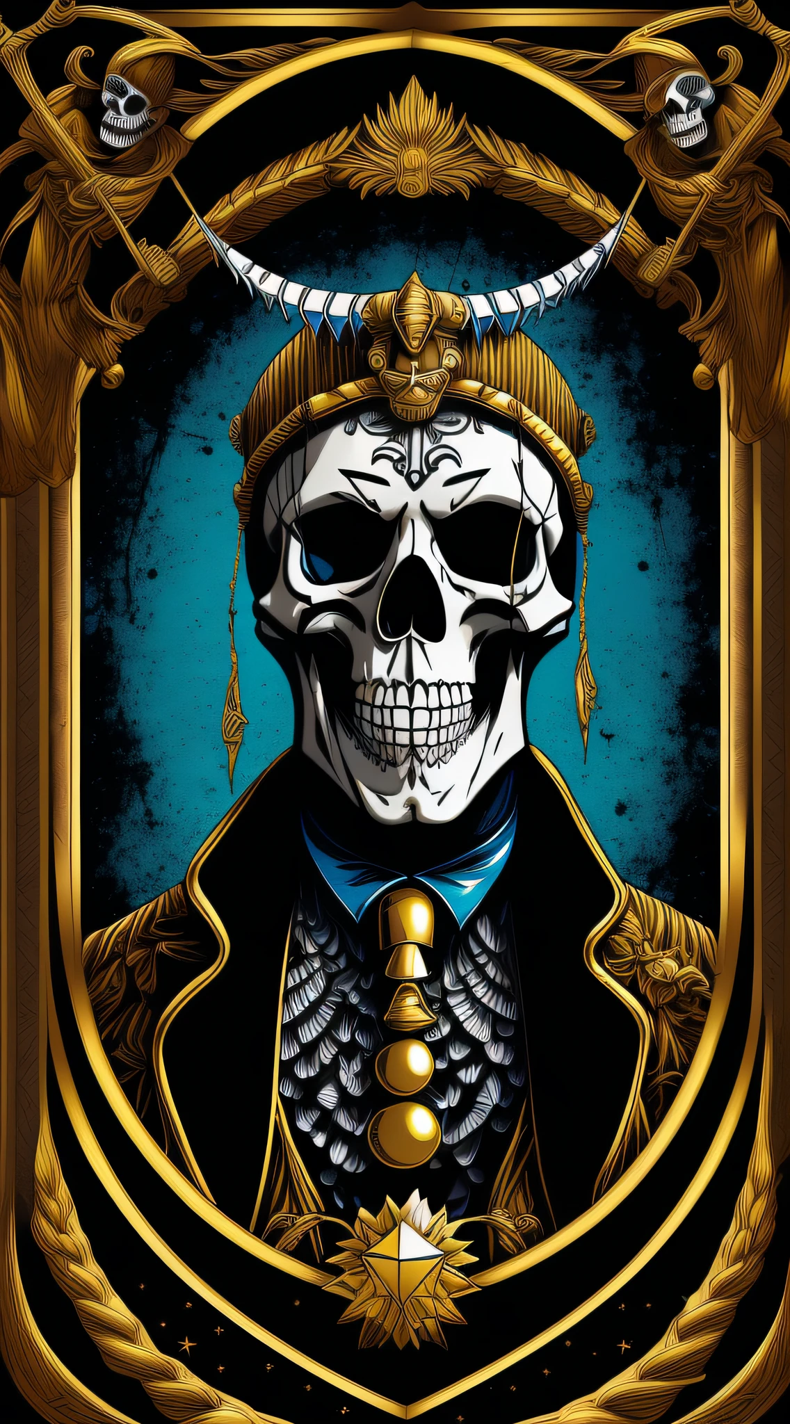 aviator, A mixture of clown and skeleton, Mexican décor, lucifer, Vector Flat, a gold, black, Aaron Horkey, extra high resolution, hiquality, (Volumetric effect)+++, (Image parallax effect)++