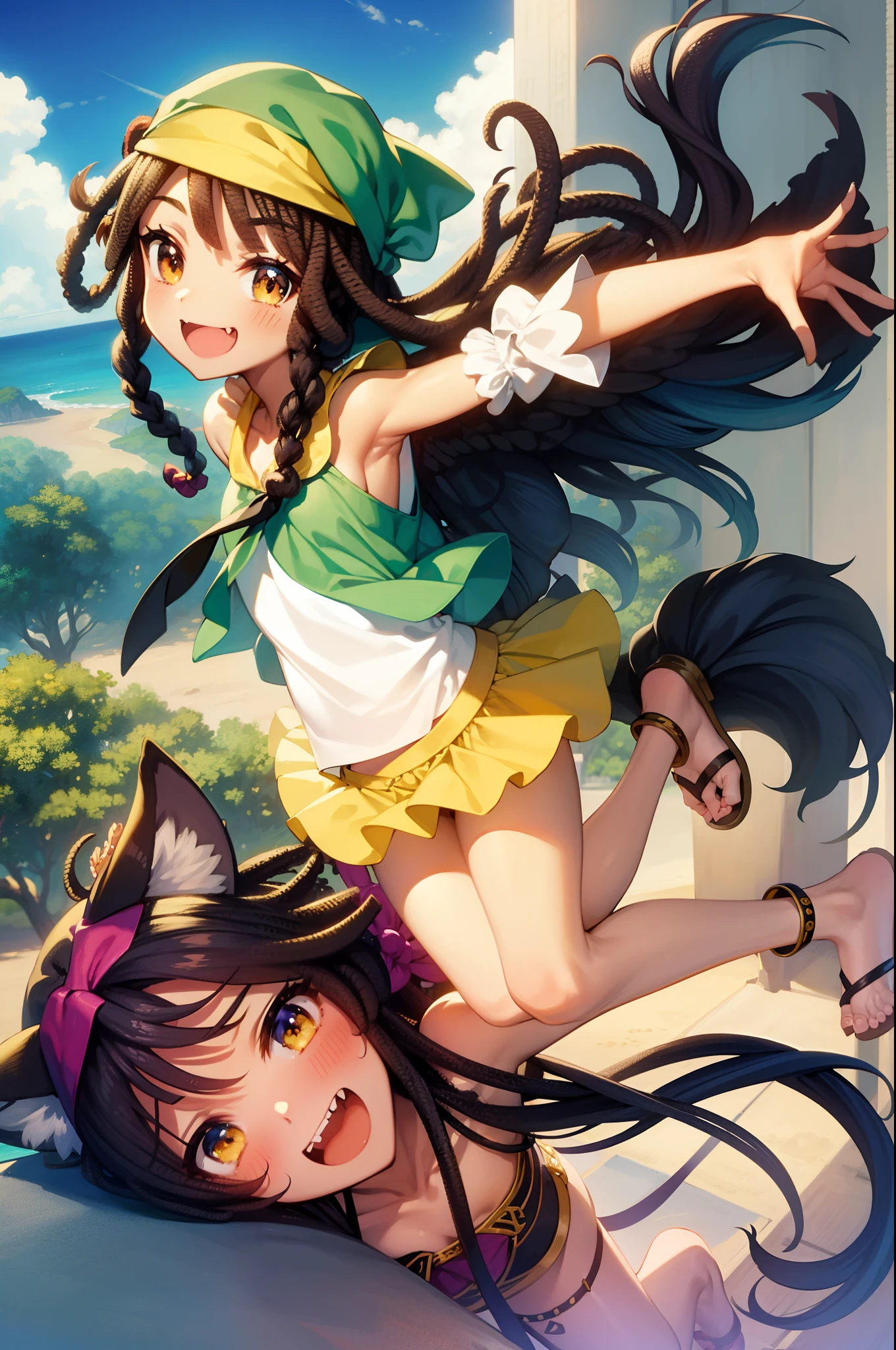 eril mermaid melody, catgirl dreadlock, fang, black wings, micro skirt, flipflops, smile, bandana, young girl