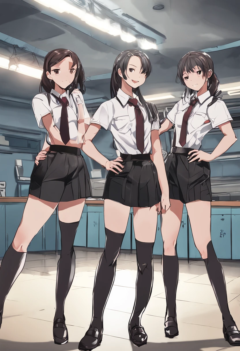 (real), ((highest quality)), ((Beautiful with three beautiful details)), (Full body shot: 1.5), Image of three women side by side.3, 180cm tall beautiful Japanese, 25 years old,Laughter, (from the front line of women), School classroom, Blackboard in background, wooden floor, School classroom, Reinforced body, black leather swimsuit, beautiful legs, tall, long Leather boots, strong arms, broad shoulders, muscular body, head to toe, look at me, (masterpiece), UHD, top quality, HD