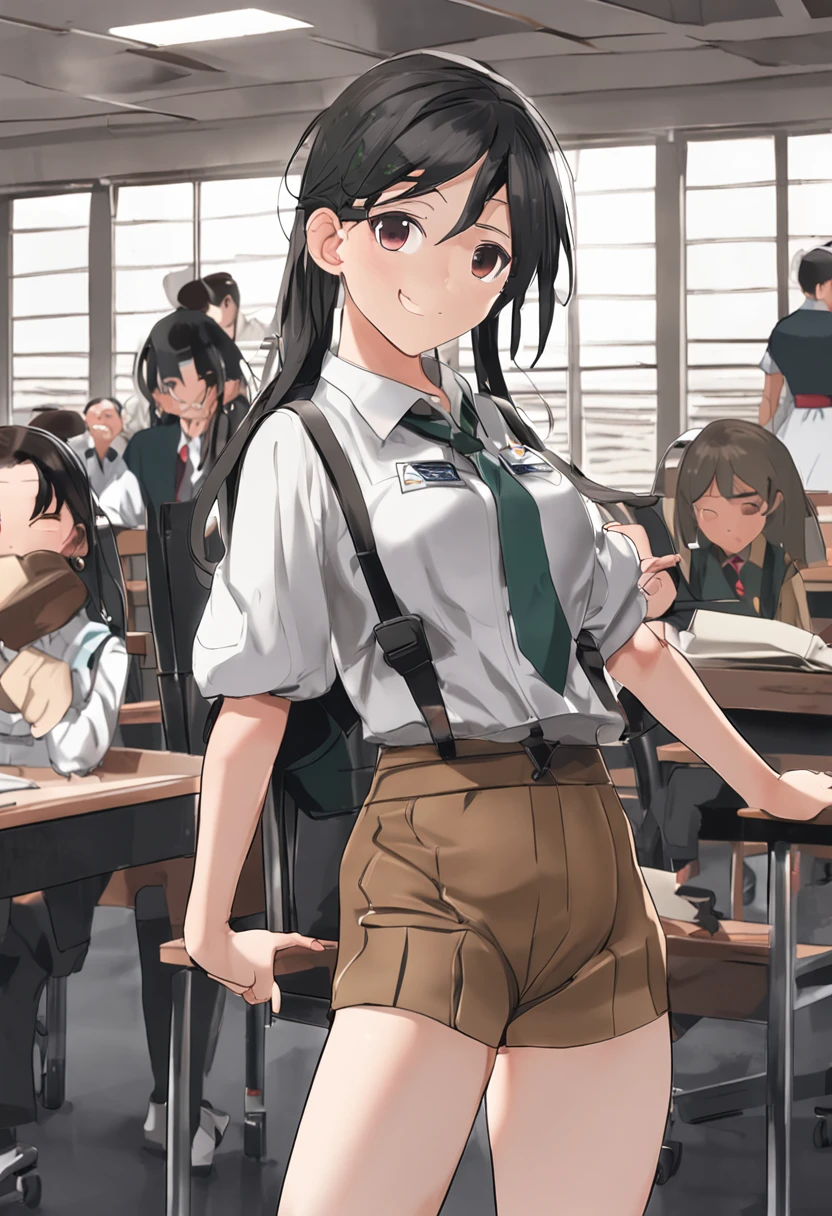 (real), ((highest quality)), ((Beautiful with three beautiful details)), (Full body shot: 1.5), Image of three women side by side.3, 180cm tall beautiful Japanese, 25 years old,Laughter, (from the front line of women), School classroom, Blackboard in background, wooden floor, School classroom, Reinforced body, black leather swimsuit, beautiful legs, tall, long Leather boots, strong arms, broad shoulders, muscular body, head to toe, look at me, (masterpiece), UHD, top quality, HD