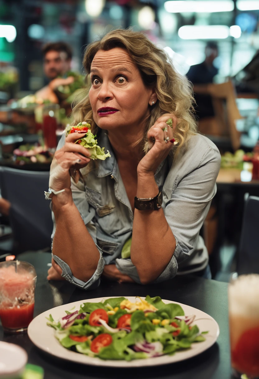 "Crie uma imagem que capture a realidade: uma mulher de 40 anos, obesa, sad expression, while trying to pick a salad amid a tempting selection of burgers and pizza."