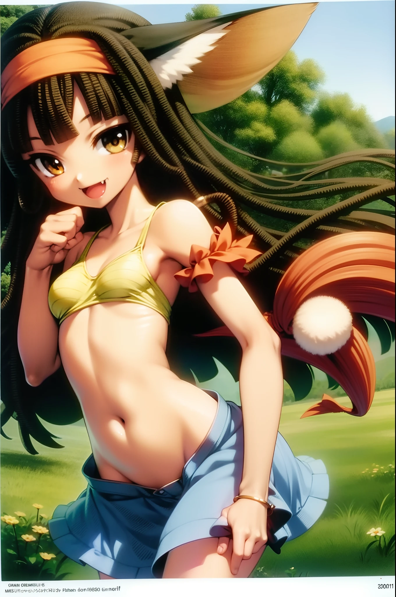 eril mermaid melody, catgirl dreadlock, fang, black wings, micro skirt, flipflops, smile, bandana, young girl