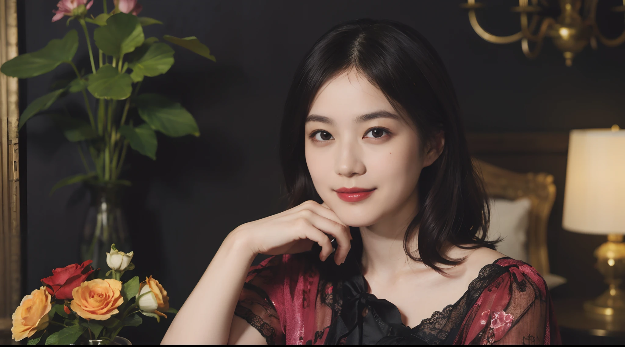 (Oil Painting: 1.5), \\ Woman with short black hair, ((Luxurious room)), (Amy Saul: 0.248), (Stanley Agar Liu: 0.106), (detailed paintings: 0.353), (Gothic art: 0.106), vases, with floral pattern, (((A slight smil)))