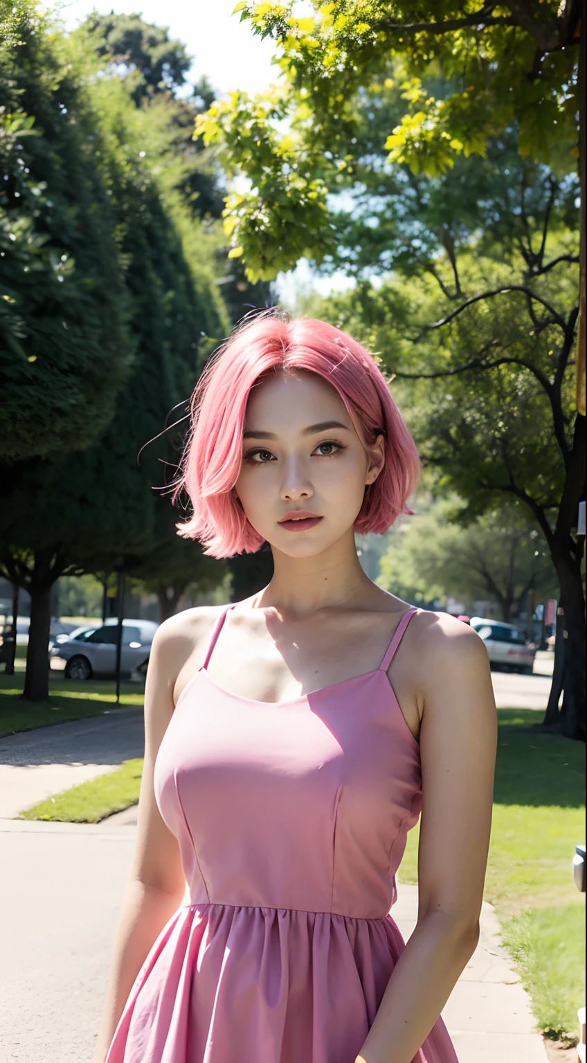 (Upper body), (18 years old girl), big breast, pink hair, summer dress, in the park