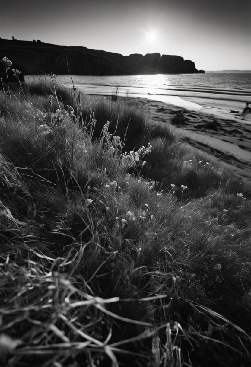 Black and white photograph, solitary beach, Close-up with herbs bathed in sunset light. background of a calm sea, horizon with the sun falling on the right side of the image, 35 mm lens, high contrast