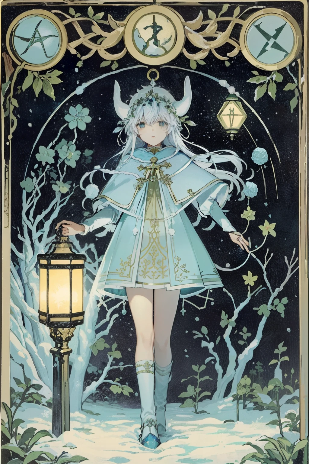 Tarot card, novo em uma floresta, floresta de neve, vestindo uma jaqueta azul, holding a lamp, tempestade de neve, 4k