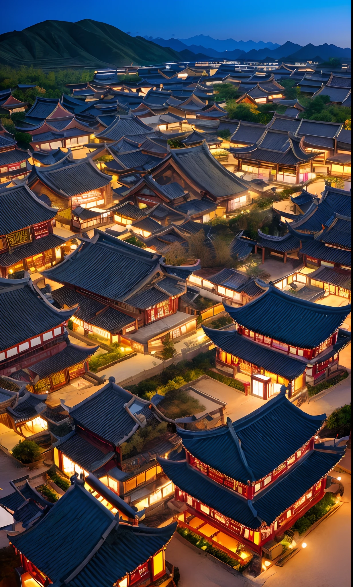 Aerial view of a Chinese village with all the buildings illuminated at night