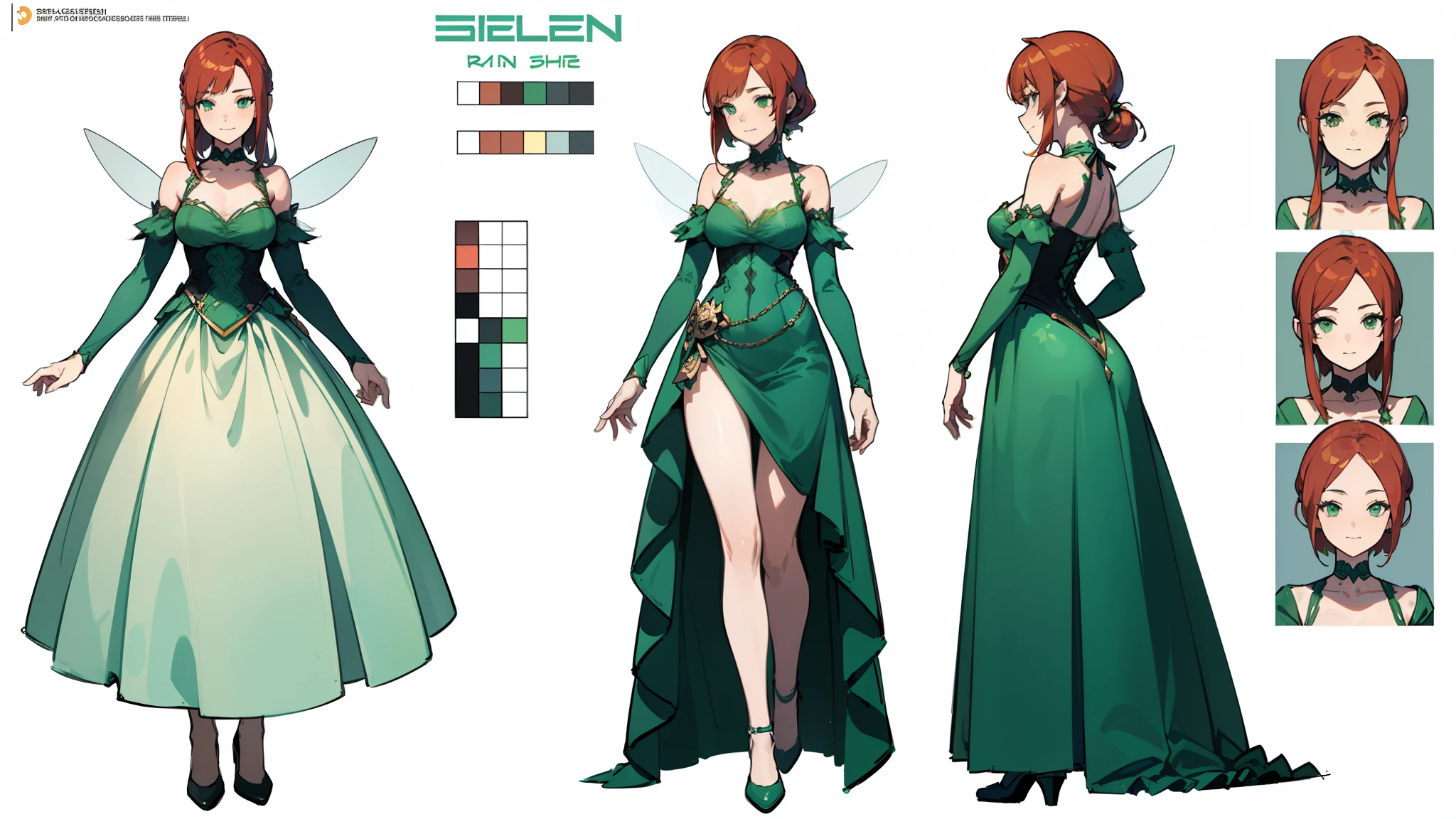 ((Best Quality)), ((Masterpiece)), ((Realistic)) 19 year old, redhead girl, shoulder length hair, relaxed happy face ((slender)) (busty), ((( light green fairy dress ))) ((sexy )) cyberpunk, textured pixie haircut (((detailed character sheet, frontal view, side view, three quarter view))) (((white background))) 6 and a half heads full body